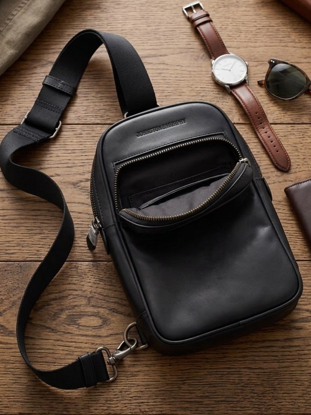 Johnston & Murphy Black Leather Hudson Sling Bag / Crossbody